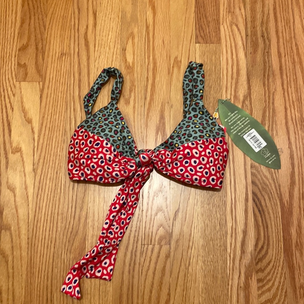 FARM Rio Red and Green Leopard Print Tie-Front Bikini Top
